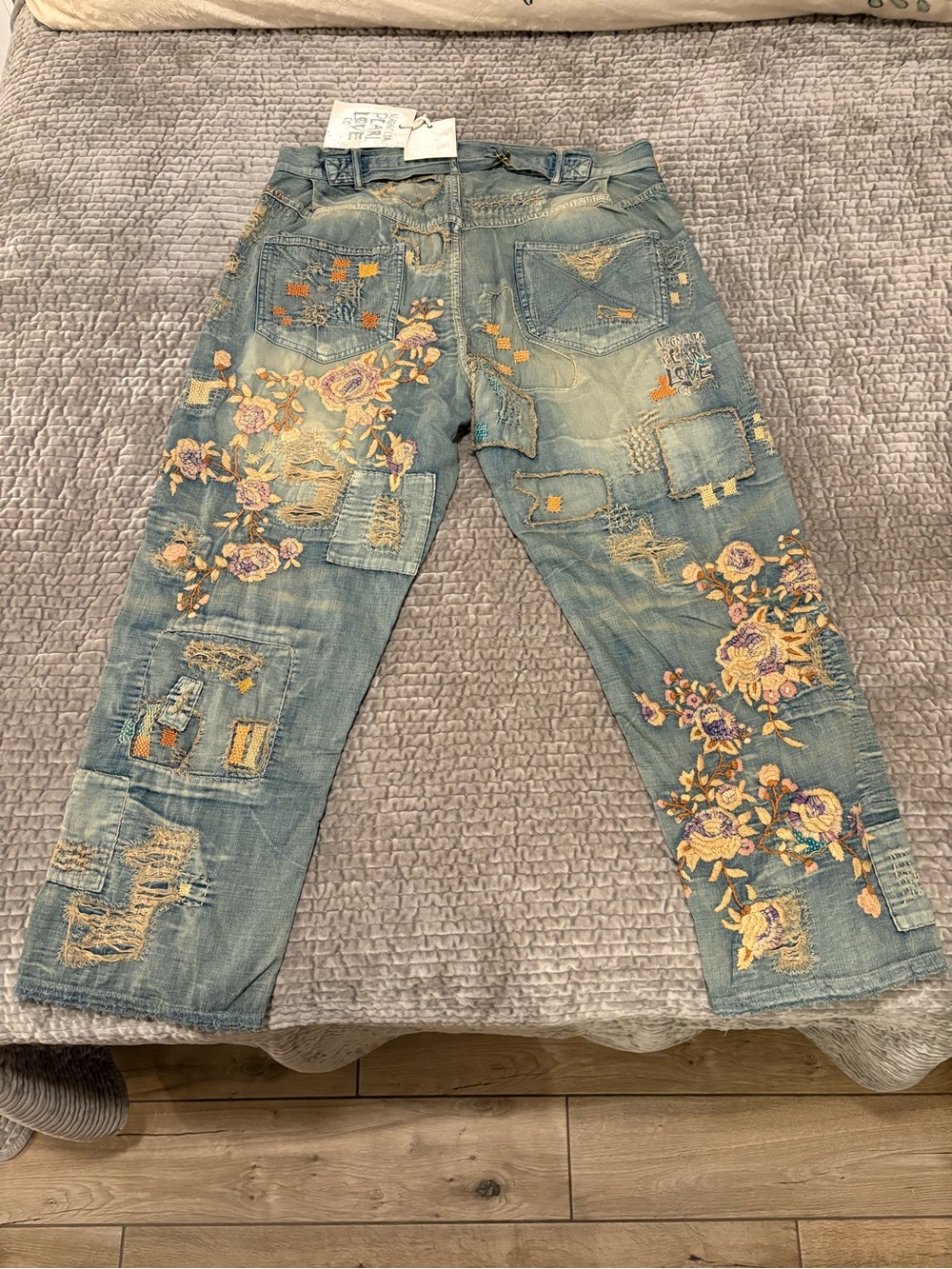 Magnolia Pearl Embroidered Patchwork Blue Jeans with Pink & Cream Florals - Picture 7 of 16